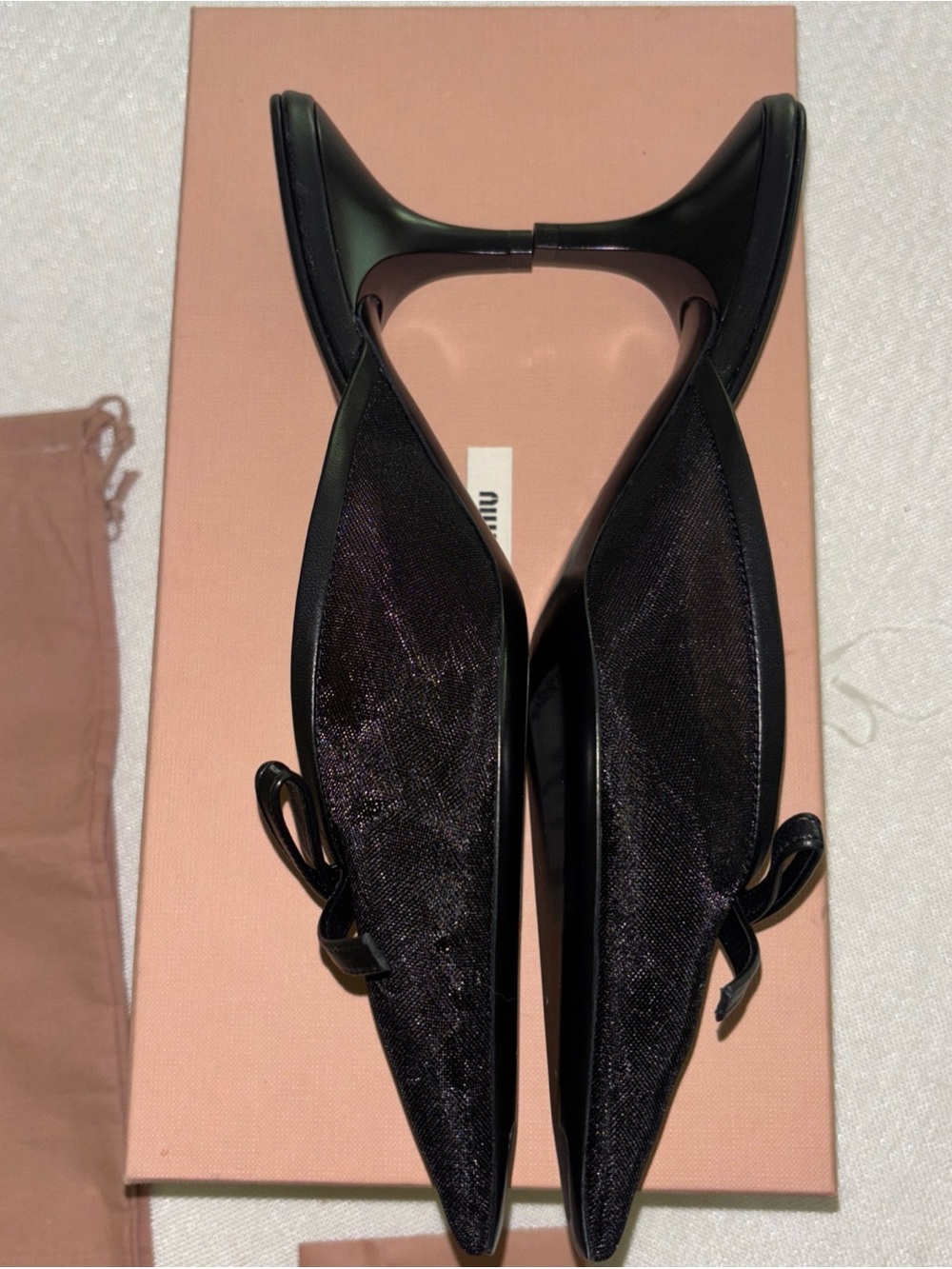 Authentic Miu Miu Black Leather Bow Mesh Fabric 55mm Kitten Heel Mule 8.5US 38EU - Picture 10 of 12